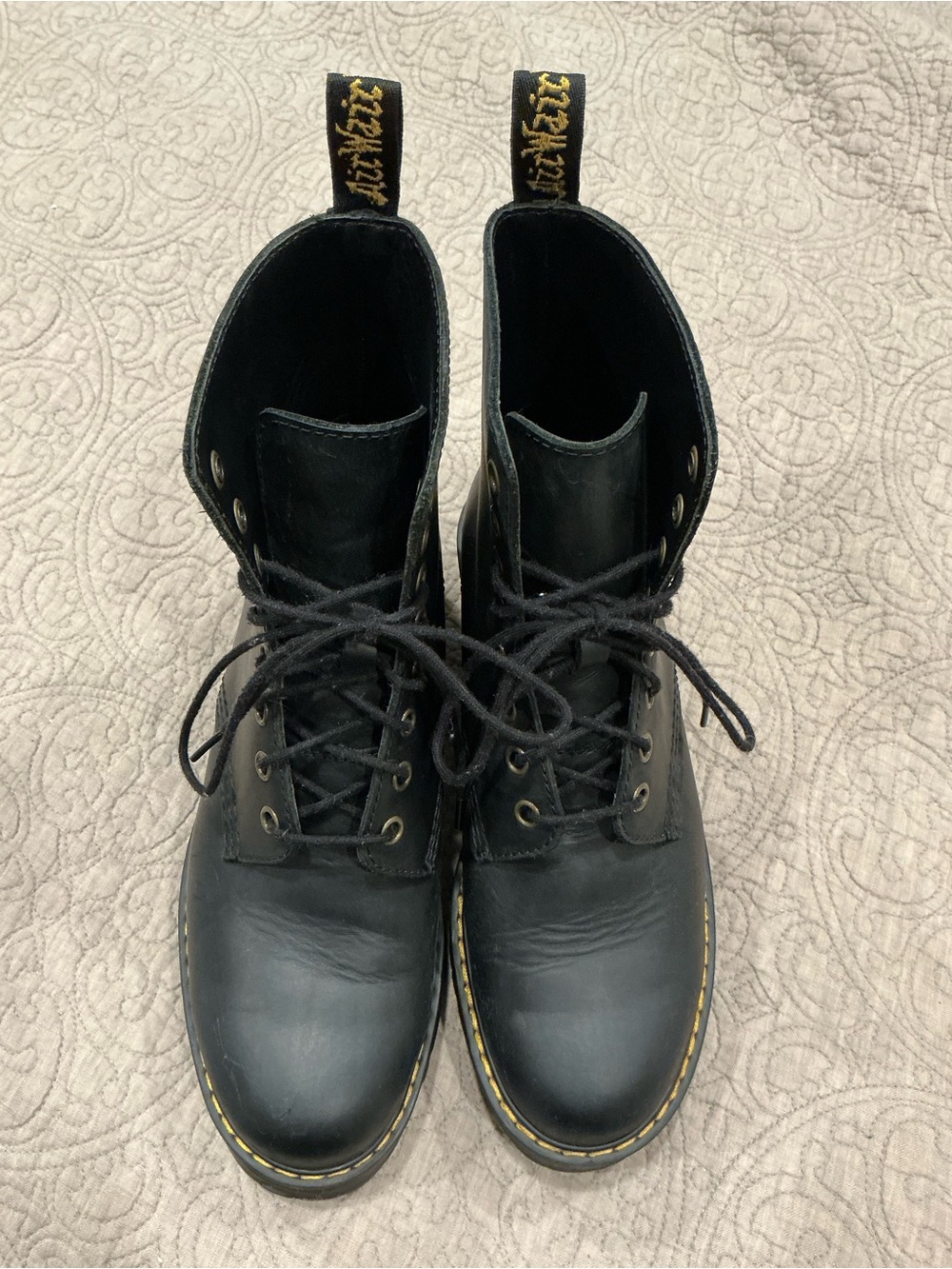 Dr. Martens Black Leather 8-Eye Lace-Up Boots with Yellow Stitching
